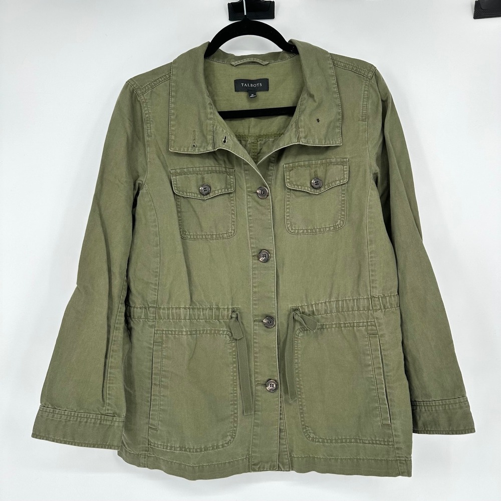 Talbots Olive Green Button Classic Field Jacket Linen Cotton Blend Utility Boho